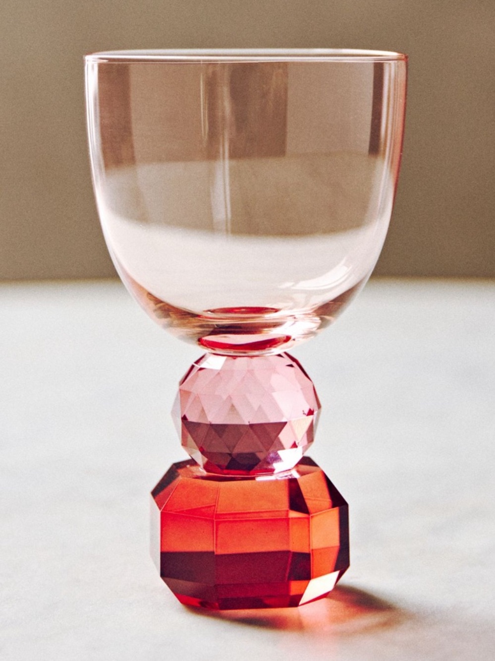 Anthropologie Amber wine glass with Pink Faceted Stem and Red Base Wine Glass